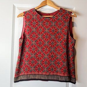 Red Black Tan Print Bead Neck Sleeveless Silk Top